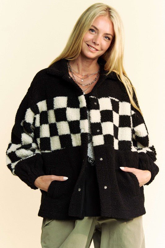 Davi & Dani Full Size Checkered Snap Down Faux Fur Jacket - Bold Rose Boutique