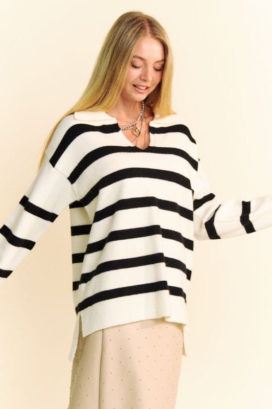 Davi & Dani High - Low Side Slit Striped Johnny Collar Sweater - Bold Rose Boutique