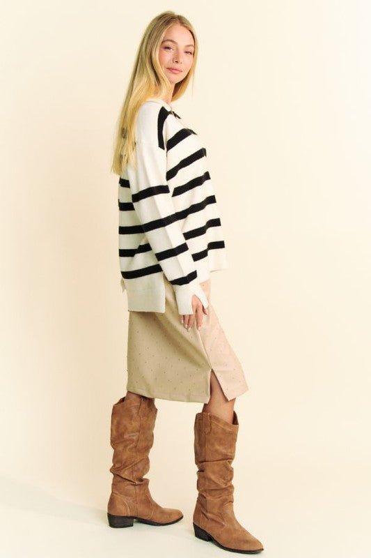 Davi & Dani High - Low Side Slit Striped Johnny Collar Sweater - Bold Rose Boutique