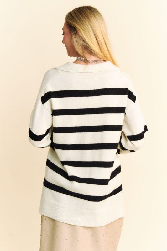 Davi & Dani High - Low Side Slit Striped Johnny Collar Sweater - Bold Rose Boutique