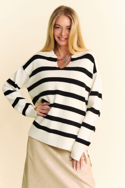 Davi & Dani High - Low Side Slit Striped Johnny Collar Sweater - Bold Rose Boutique