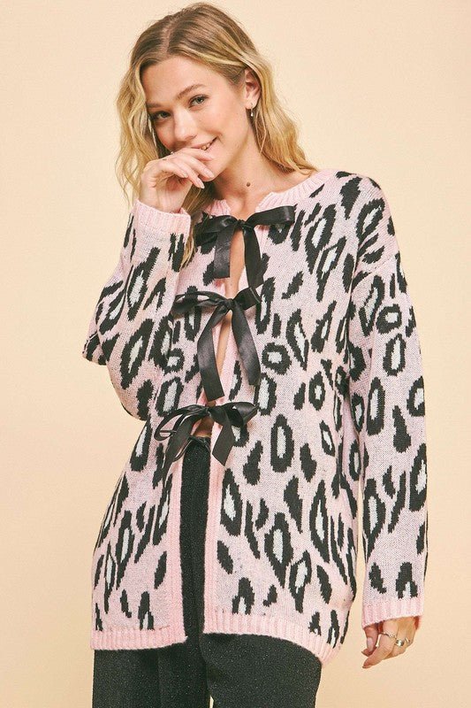 Davi & Dani Leopard Ribbon Tie Front Loose Fit Cardigan - Bold Rose Boutique