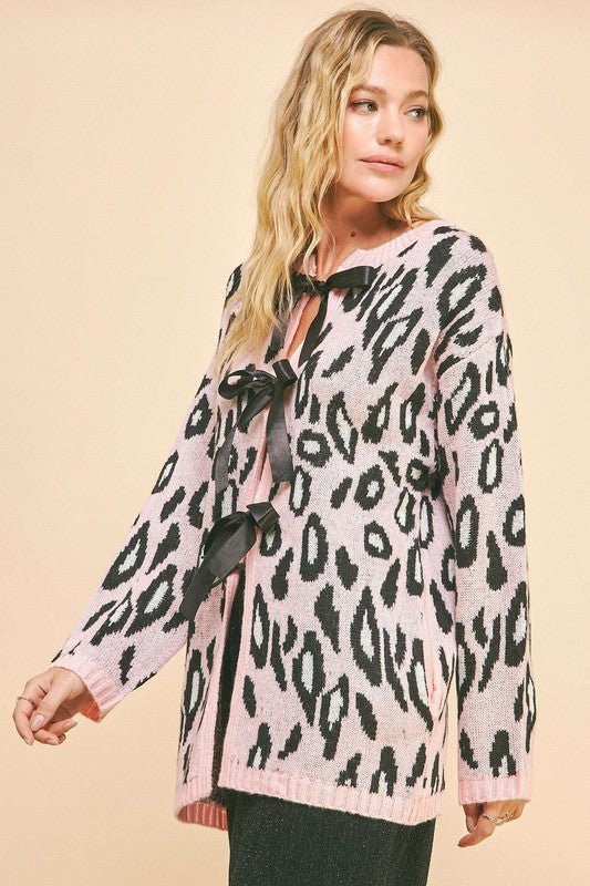 Davi & Dani Leopard Ribbon Tie Front Loose Fit Cardigan - Bold Rose Boutique