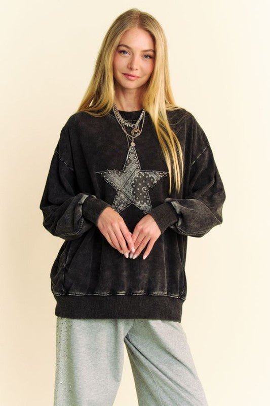 Davi & Dani Stud Star Patch Acid Washed Sweatshirt - Bold Rose Boutique