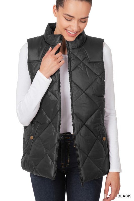 Diamond Quilted Zip Front Vest - Bold Rose Boutique