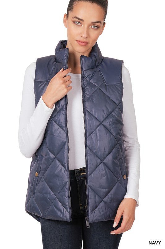 Diamond Quilted Zip Front Vest - Bold Rose Boutique