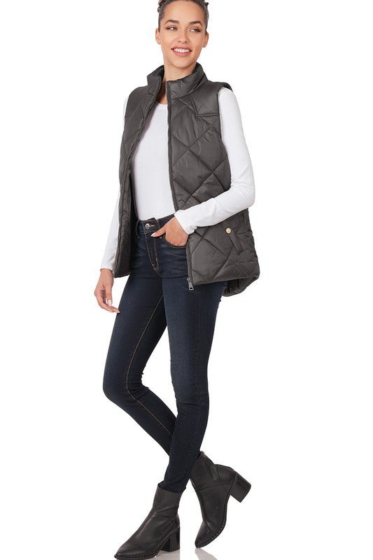 Diamond Quilted Zip Front Vest - Bold Rose Boutique