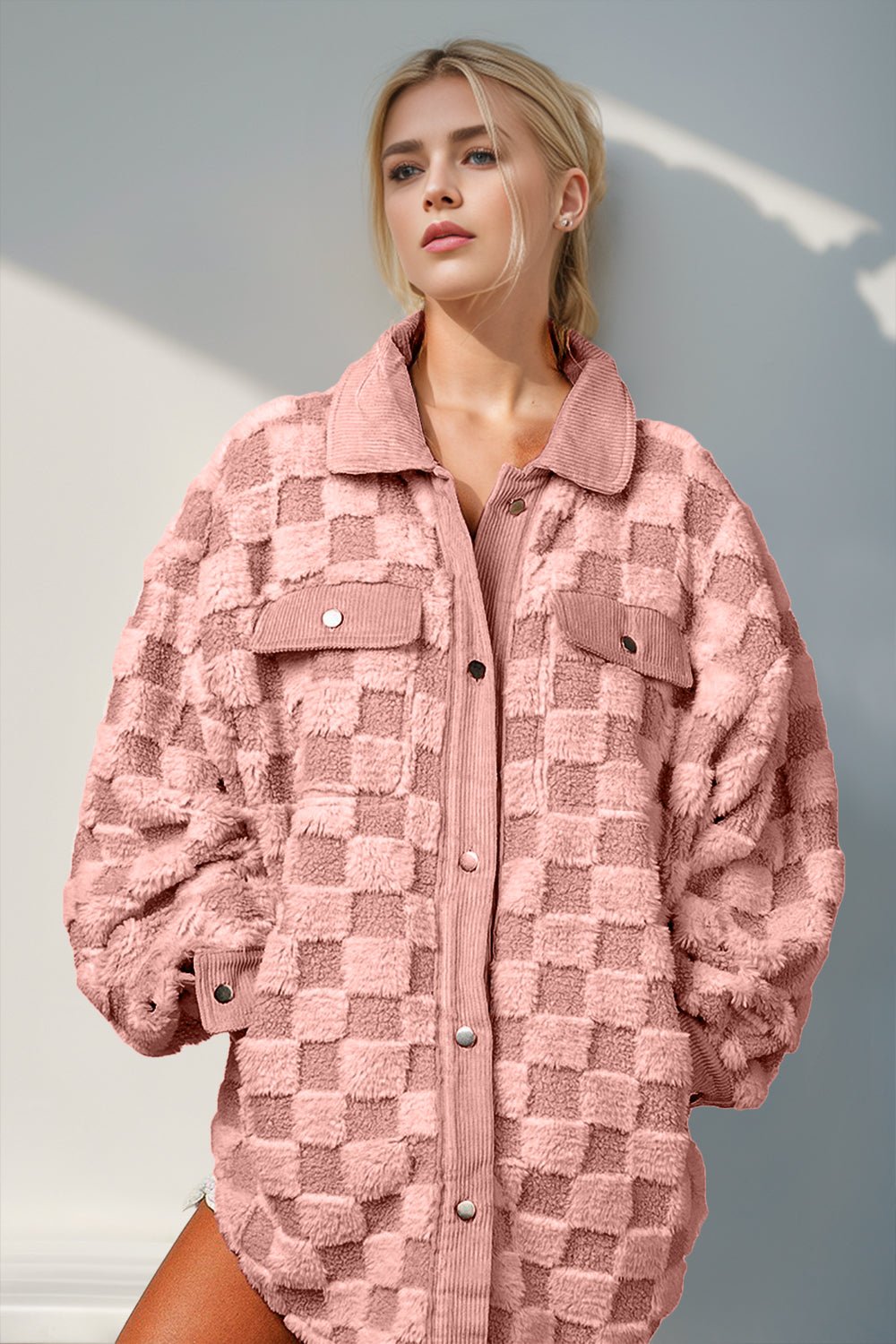 Double Take Button Up Fuzzy Checkered Shacket - Bold Rose Boutique