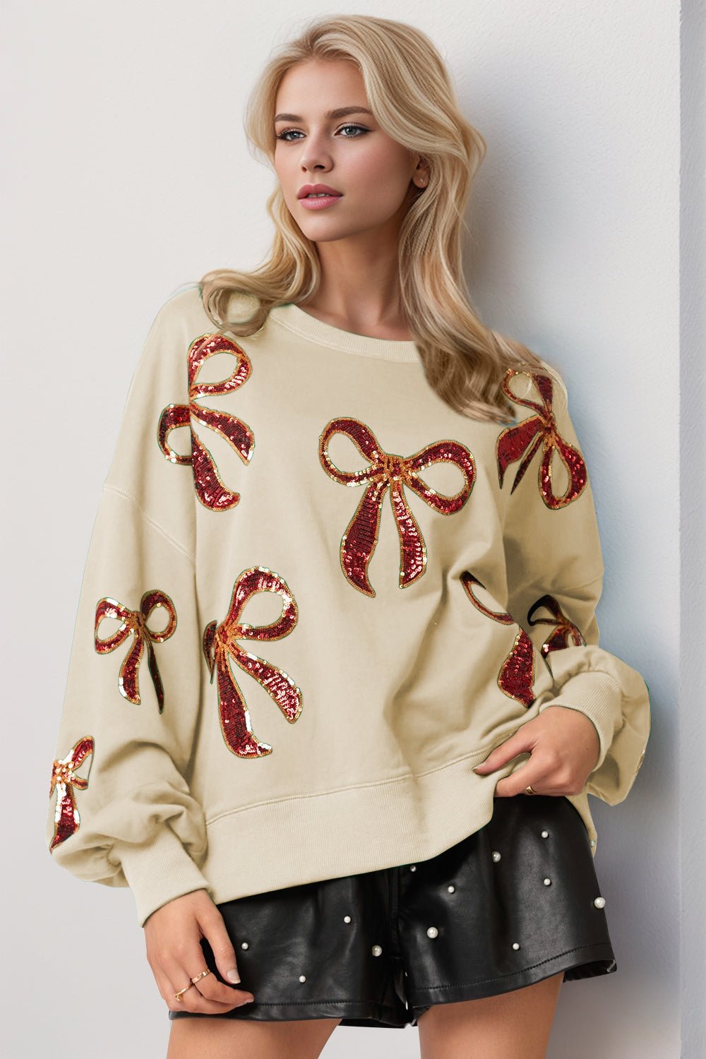 Double Take Christmas Bow Sequin Round Neck Dropped Shoulder Sweatshirt - Bold Rose Boutique