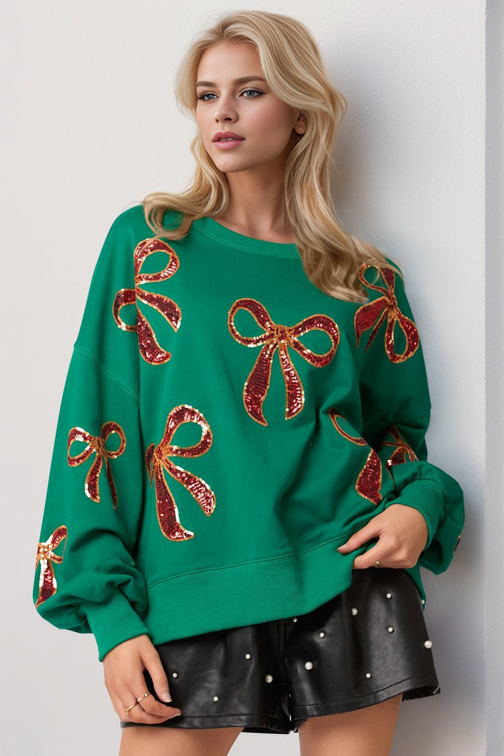 Double Take Christmas Bow Sequin Round Neck Dropped Shoulder Sweatshirt - Bold Rose Boutique