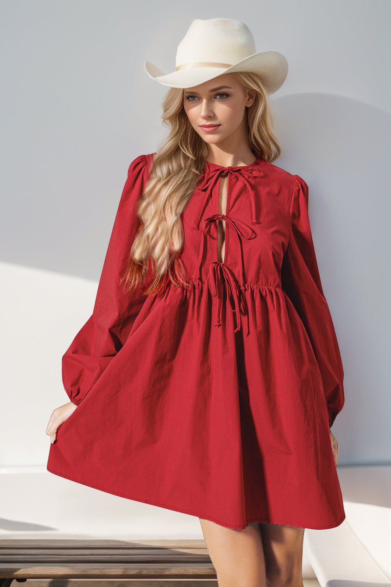 Double Take Christmas Front Tied Long Sleeve Mini Dress - Bold Rose Boutique