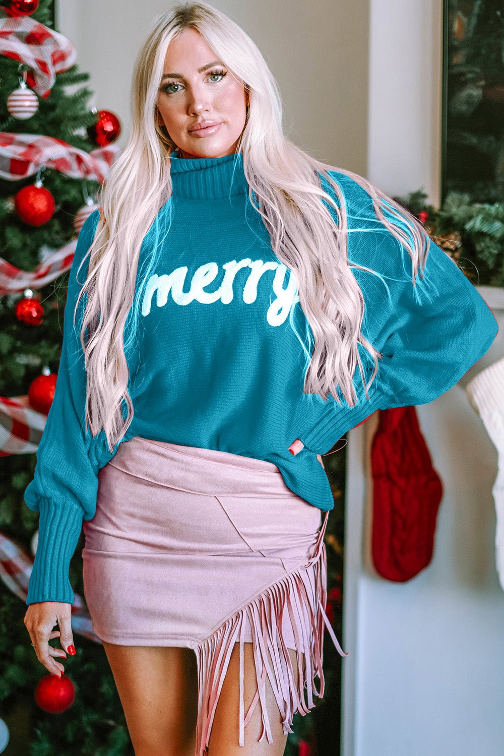 Double Take Full Size Merry Christmas Turtleneck Long Sleeve Sweater - Bold Rose Boutique