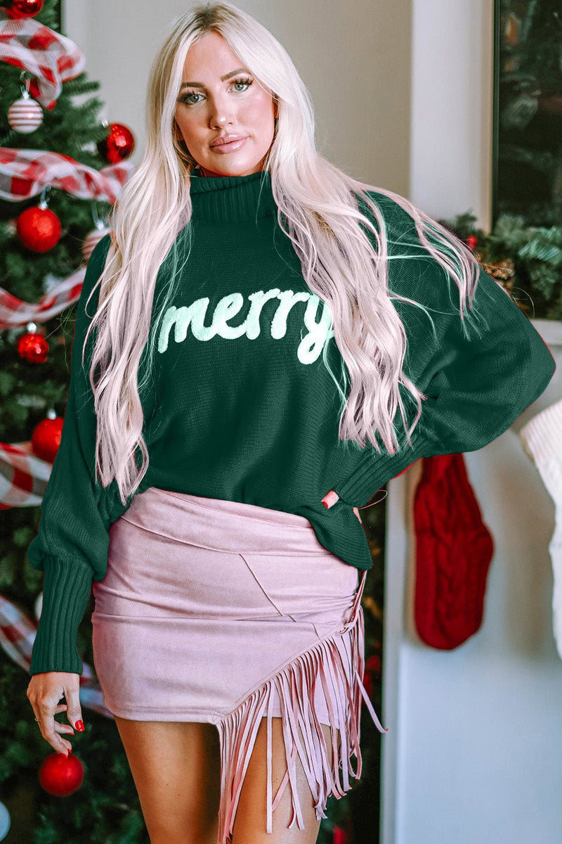 Double Take Full Size Merry Christmas Turtleneck Long Sleeve Sweater - Bold Rose Boutique