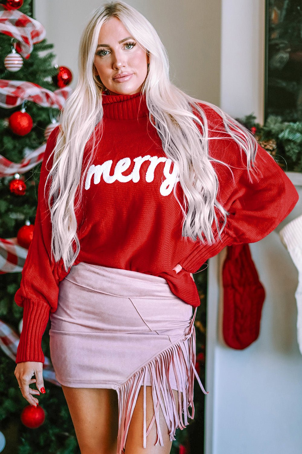 Double Take Full Size Merry Christmas Turtleneck Long Sleeve Sweater - Bold Rose Boutique