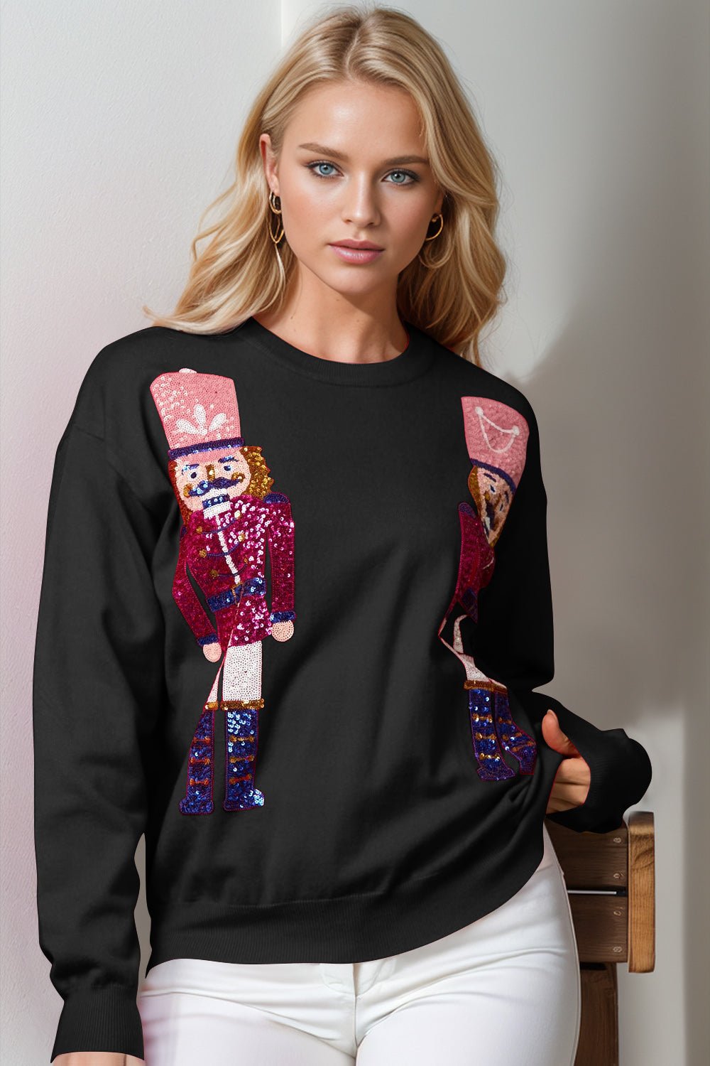 Double Take Full Size Nutcracker Sequin Long Sleeve Sweater - Bold Rose Boutique