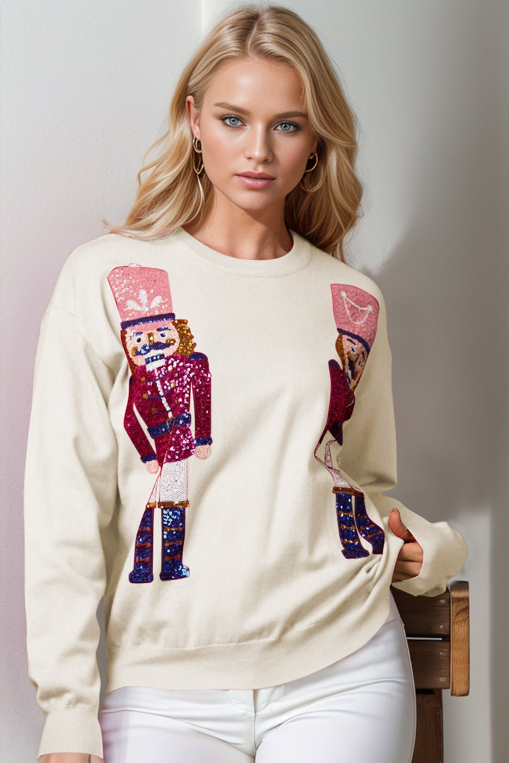 Double Take Full Size Nutcracker Sequin Long Sleeve Sweater - Bold Rose Boutique