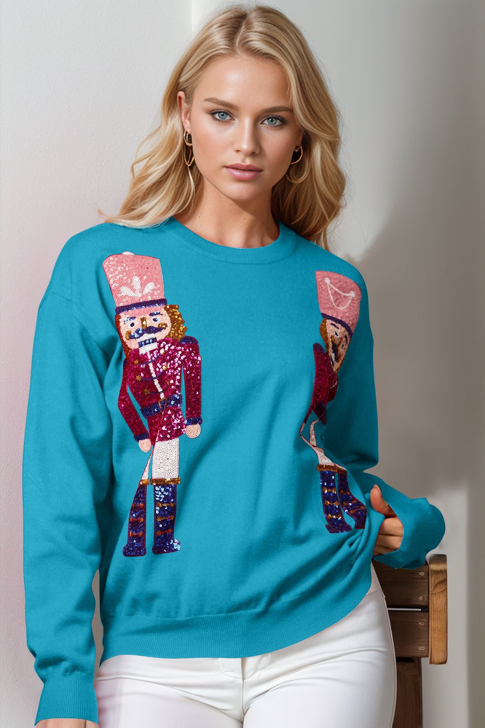 Double Take Full Size Nutcracker Sequin Long Sleeve Sweater - Bold Rose Boutique