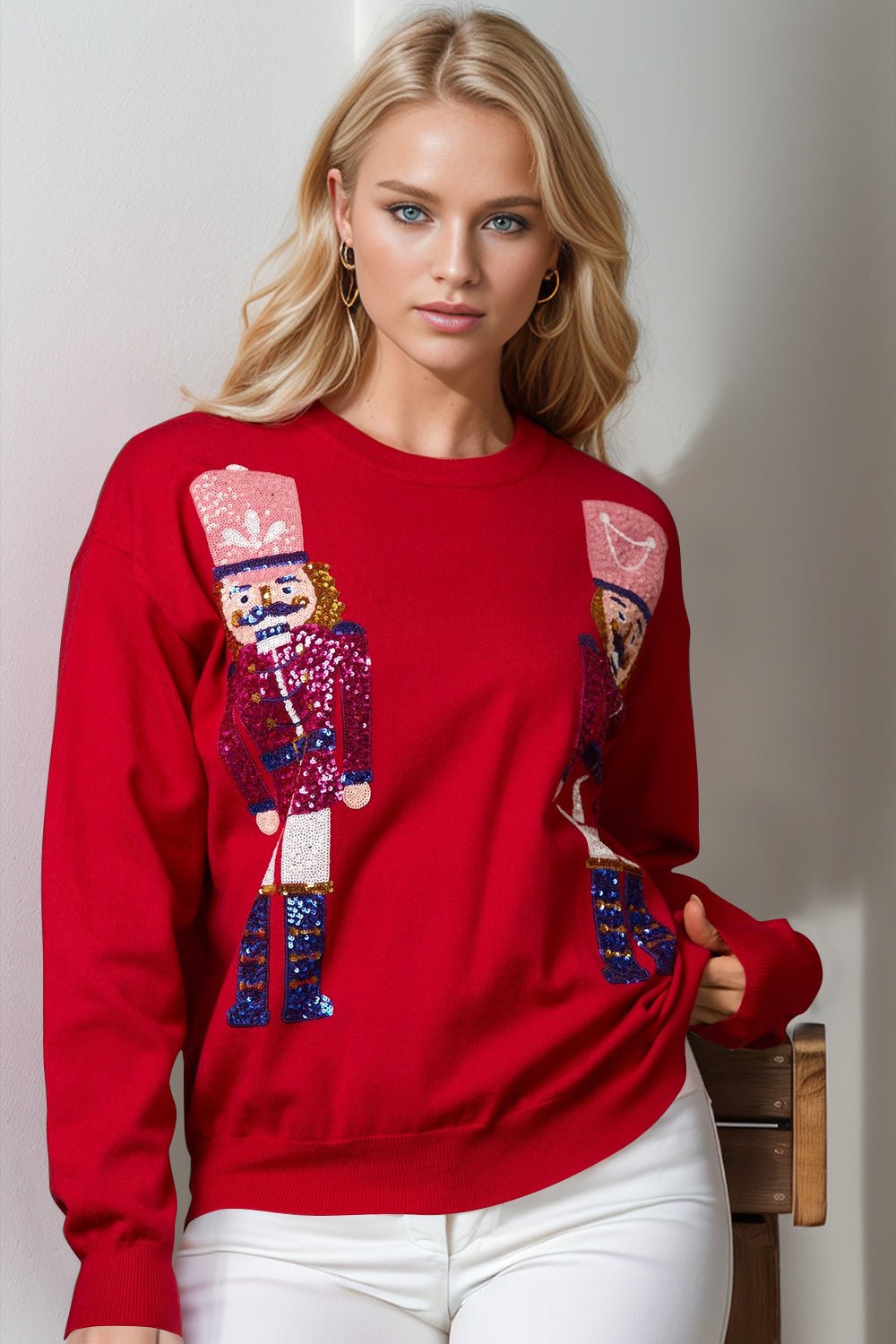 Double Take Full Size Nutcracker Sequin Long Sleeve Sweater - Bold Rose Boutique