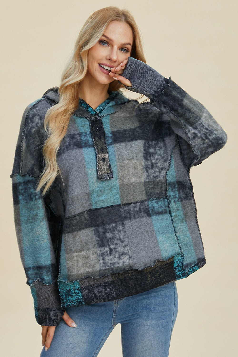 Double Take Full Size Plaid Dropped Shoulder Fleece Hoodie - Bold Rose Boutique