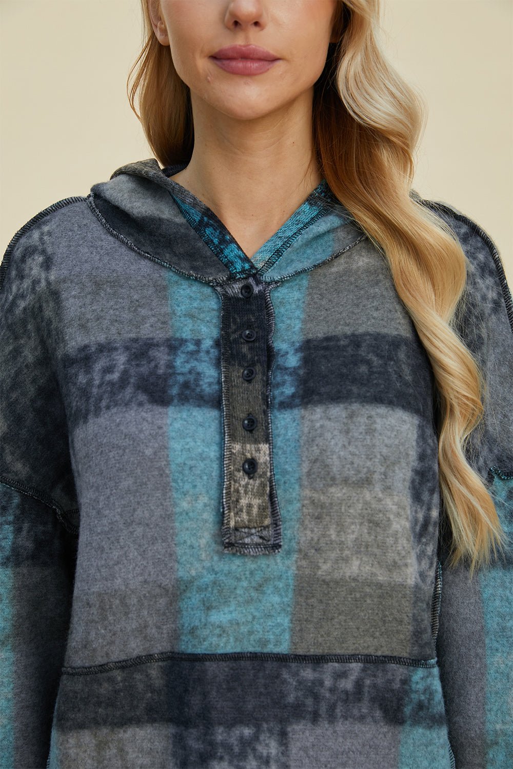 Double Take Full Size Plaid Dropped Shoulder Fleece Hoodie - Bold Rose Boutique