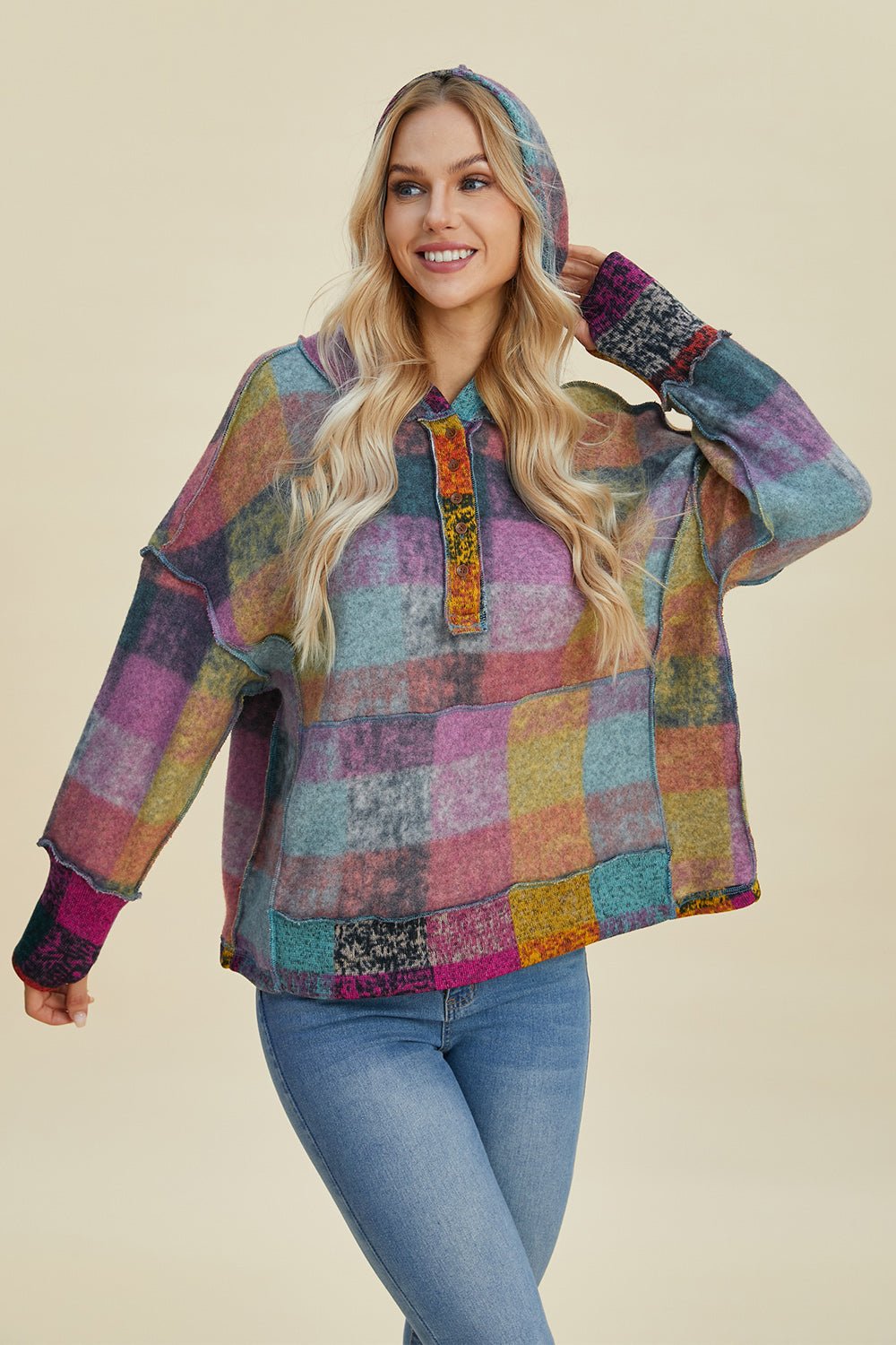 Double Take Full Size Plaid Dropped Shoulder Fleece Hoodie - Bold Rose Boutique