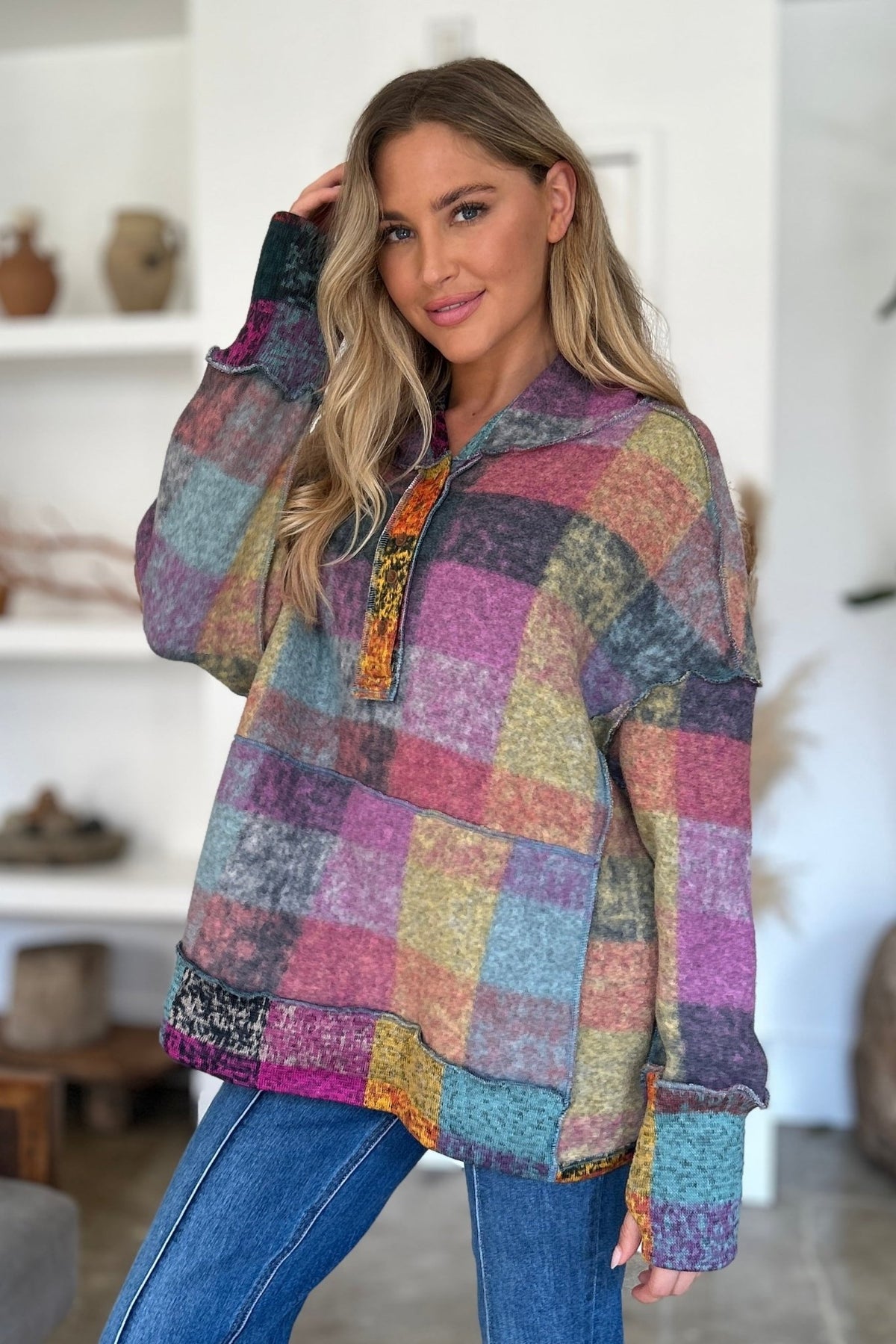 Double Take Full Size Plaid Dropped Shoulder Fleece Hoodie - Bold Rose Boutique