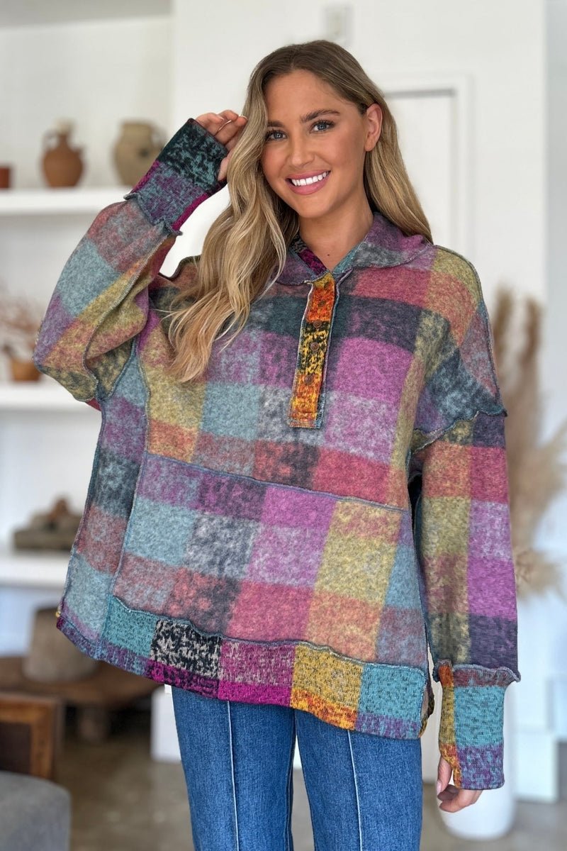 Double Take Full Size Plaid Dropped Shoulder Fleece Hoodie - Bold Rose Boutique