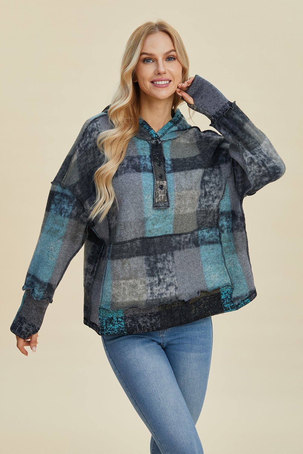 Double Take Full Size Plaid Dropped Shoulder Fleece Hoodie - Bold Rose Boutique