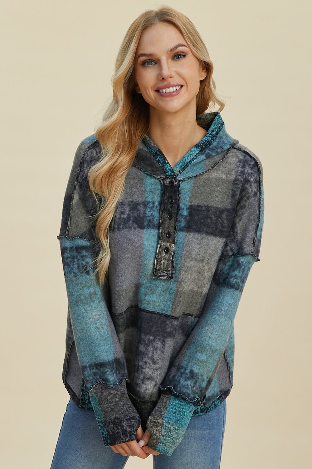 Double Take Full Size Plaid Dropped Shoulder Fleece Hoodie - Bold Rose Boutique