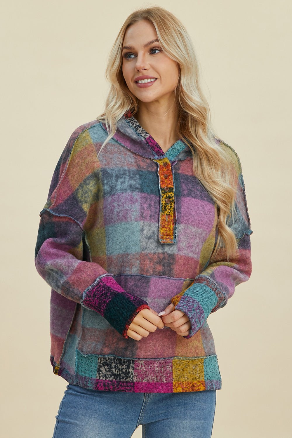 Double Take Full Size Plaid Dropped Shoulder Fleece Hoodie - Bold Rose Boutique