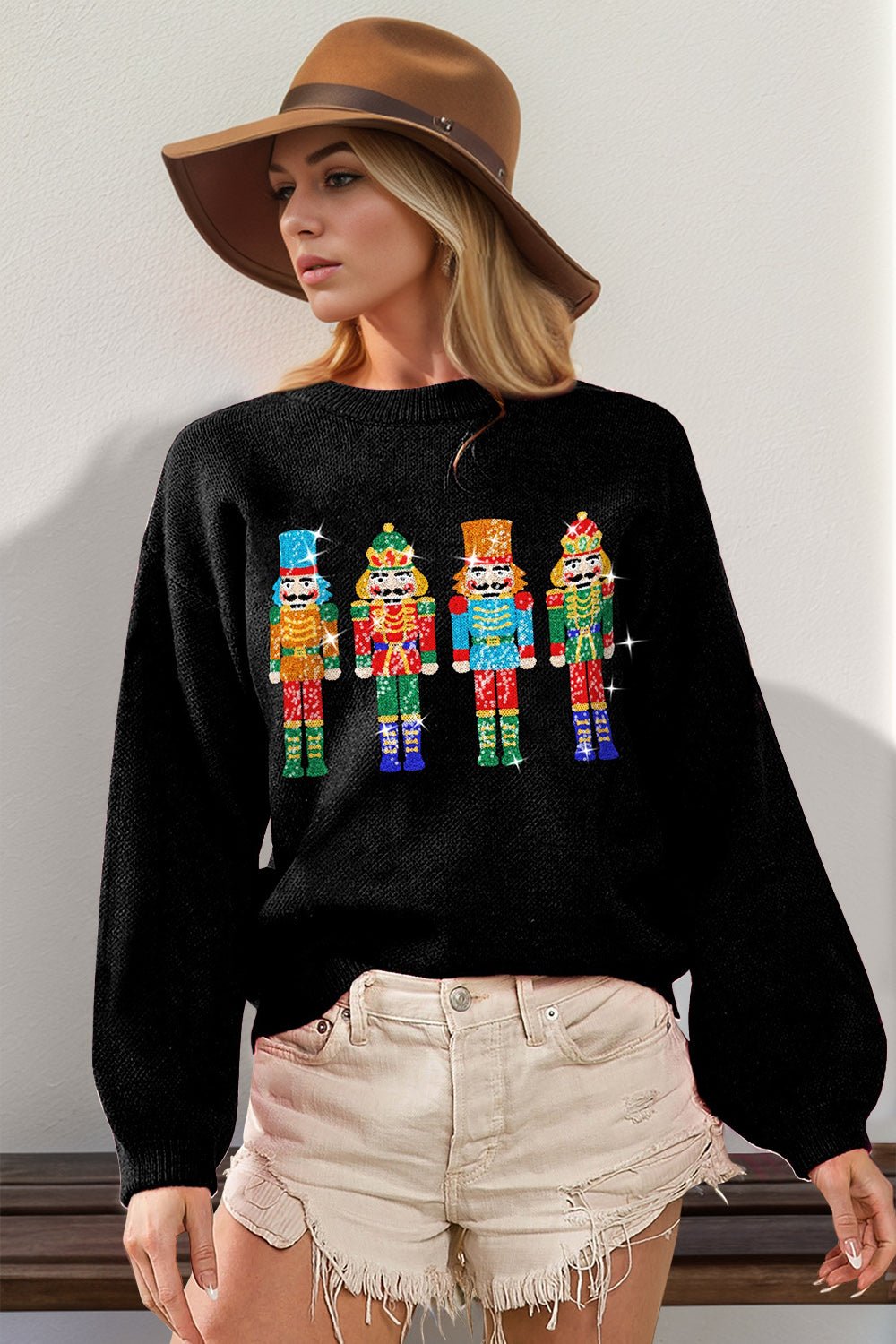 Double Take Full Size Sequin Nutcracker Long Sleeve Sweater - Bold Rose Boutique