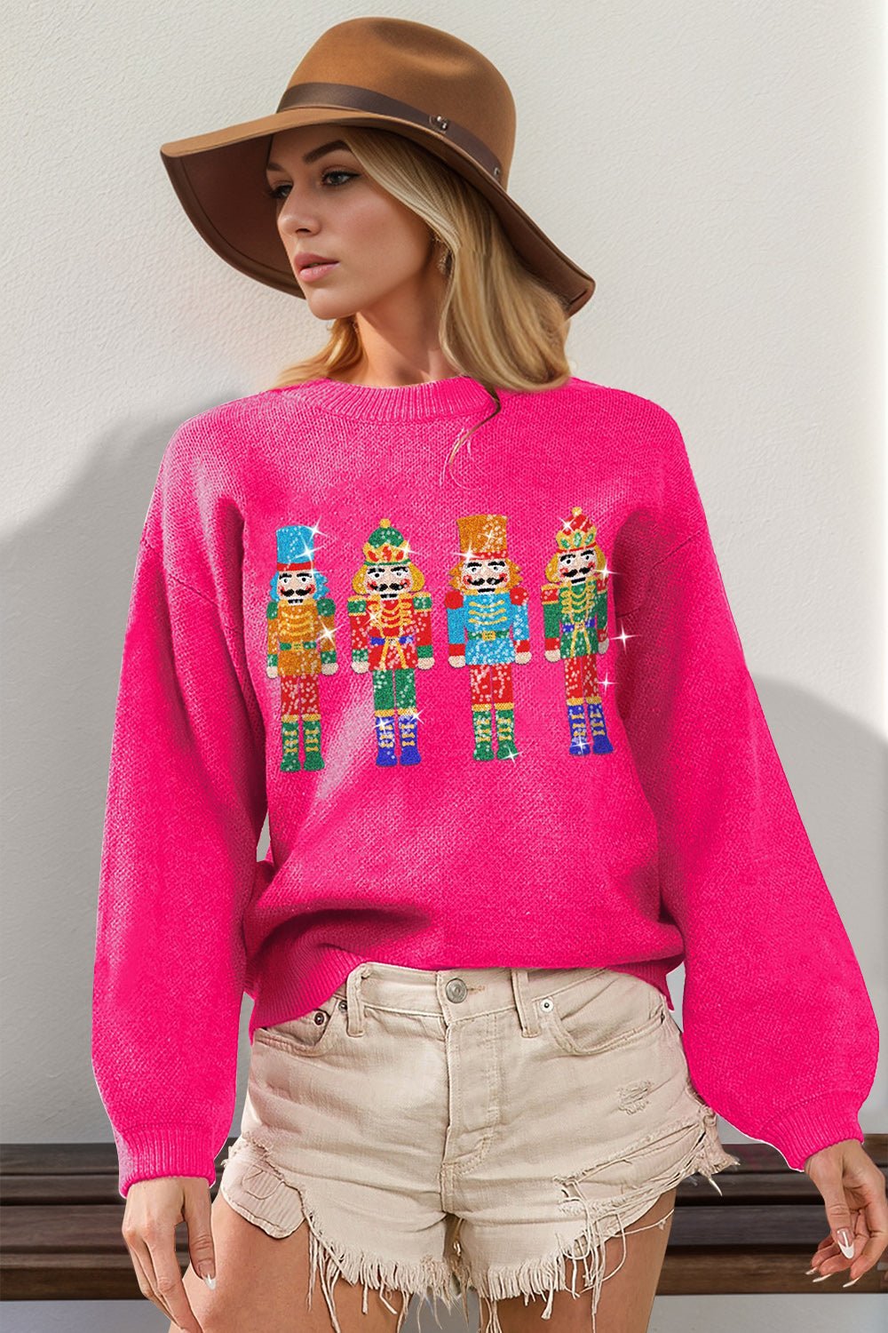 Double Take Full Size Sequin Nutcracker Long Sleeve Sweater - Bold Rose Boutique