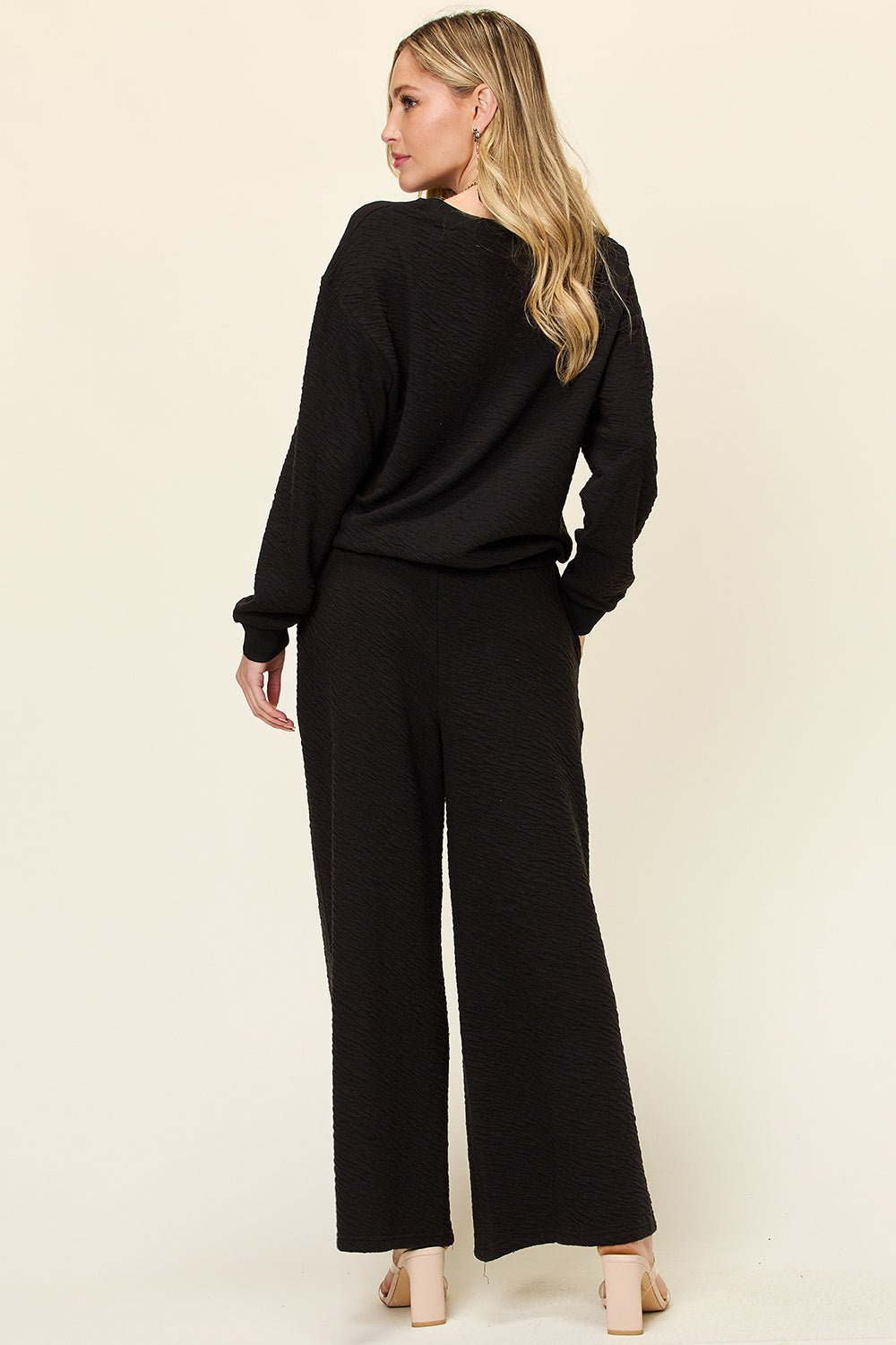 Double Take Full Size Texture Long Sleeve Top and Pants Set - Bold Rose Boutique