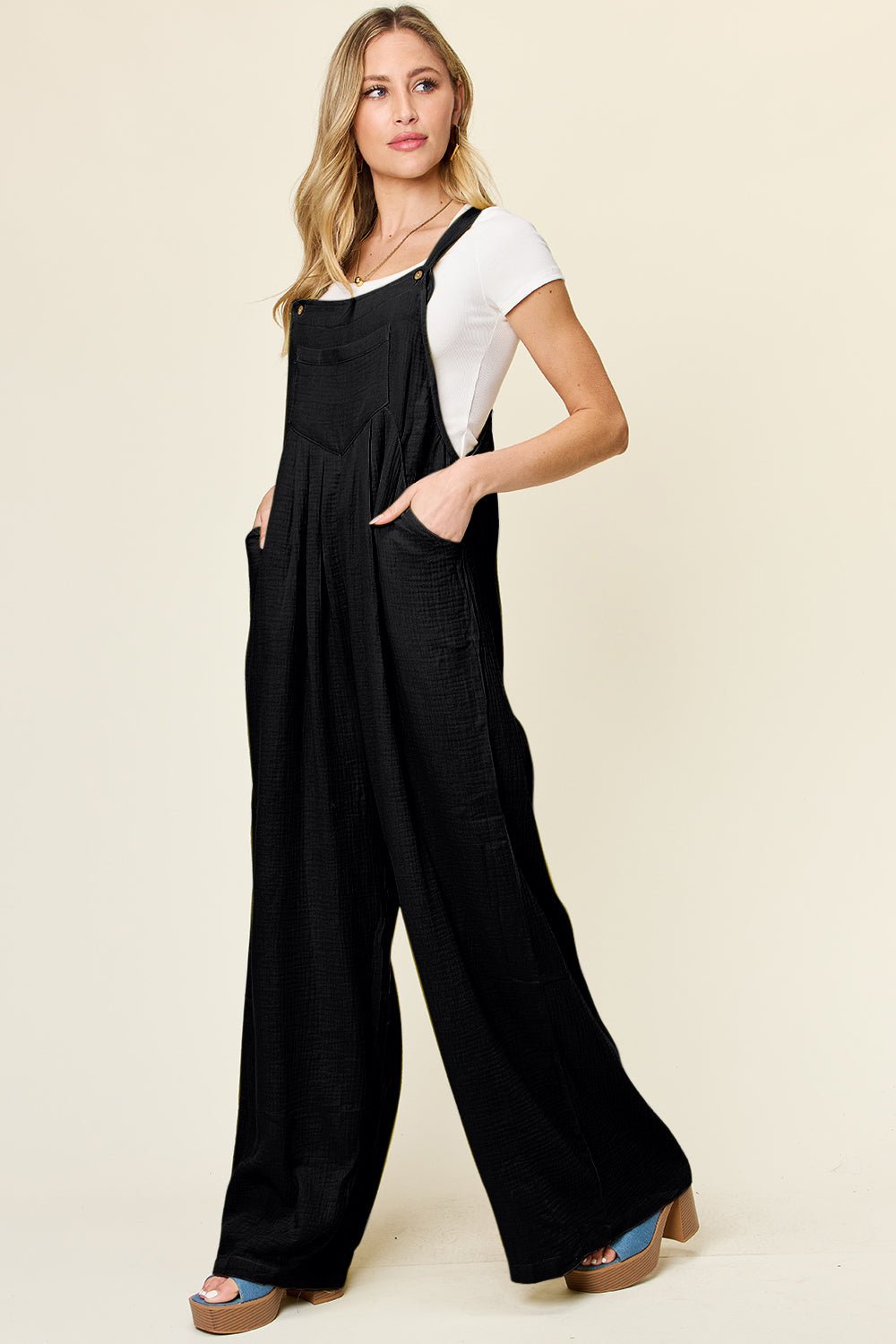 Double Take Full Size Texture Wide Strap Wide Leg Overall - Bold Rose Boutique