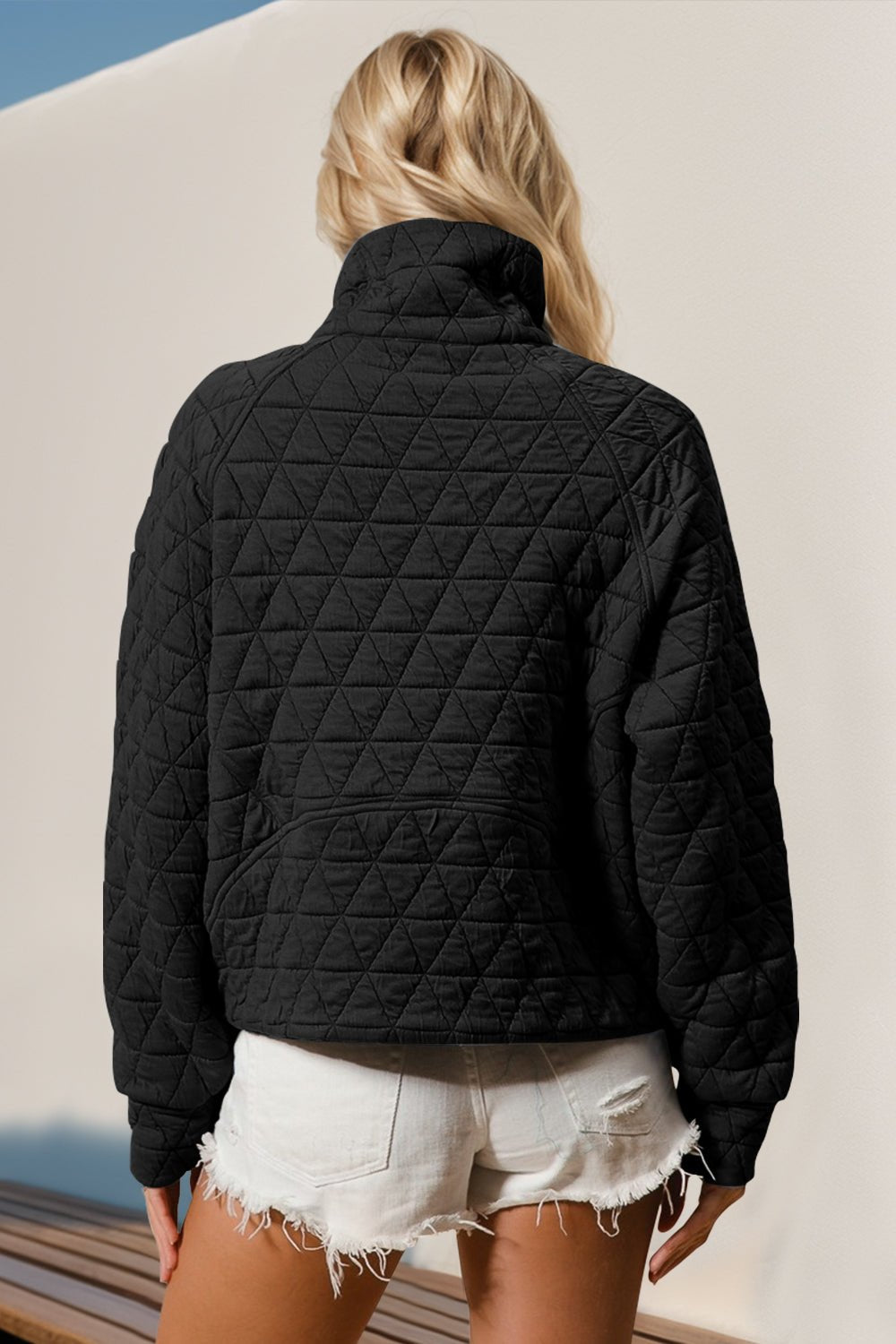 Double Take Half Zip Long Sleeve Quilted Sweatshirt with Pocket - Bold Rose Boutique