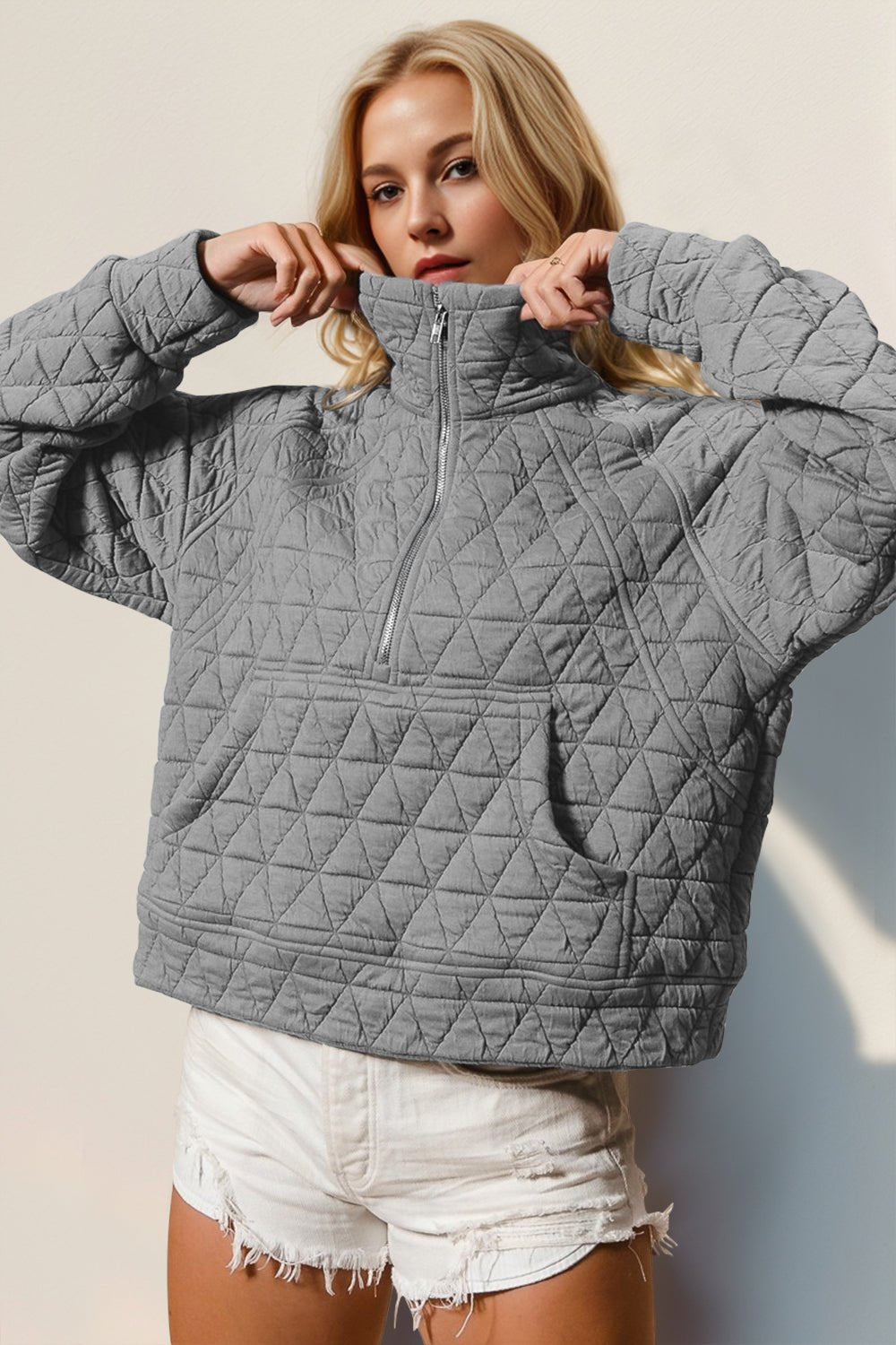 Double Take Half Zip Long Sleeve Quilted Sweatshirt with Pocket - Bold Rose Boutique