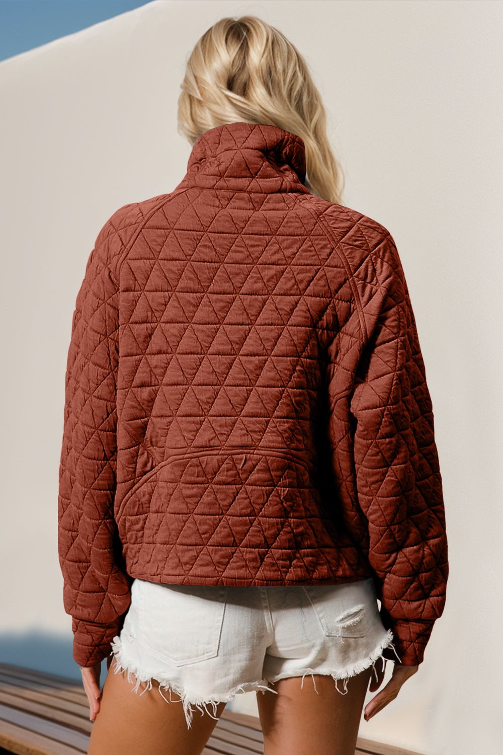 Double Take Half Zip Long Sleeve Quilted Sweatshirt with Pocket - Bold Rose Boutique