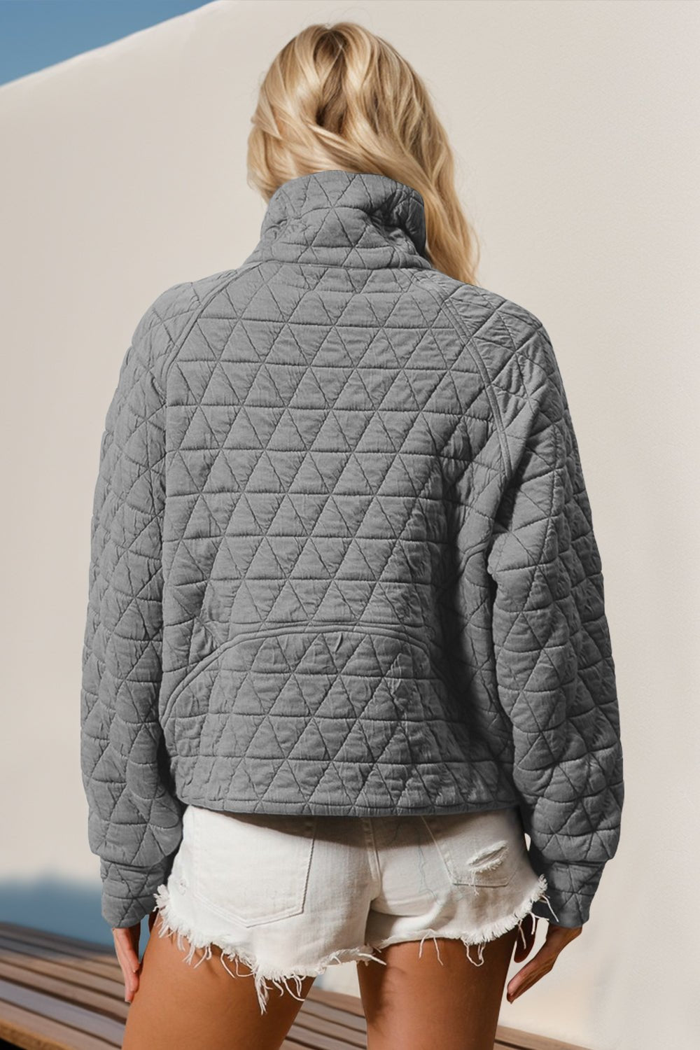 Double Take Half Zip Long Sleeve Quilted Sweatshirt with Pocket - Bold Rose Boutique