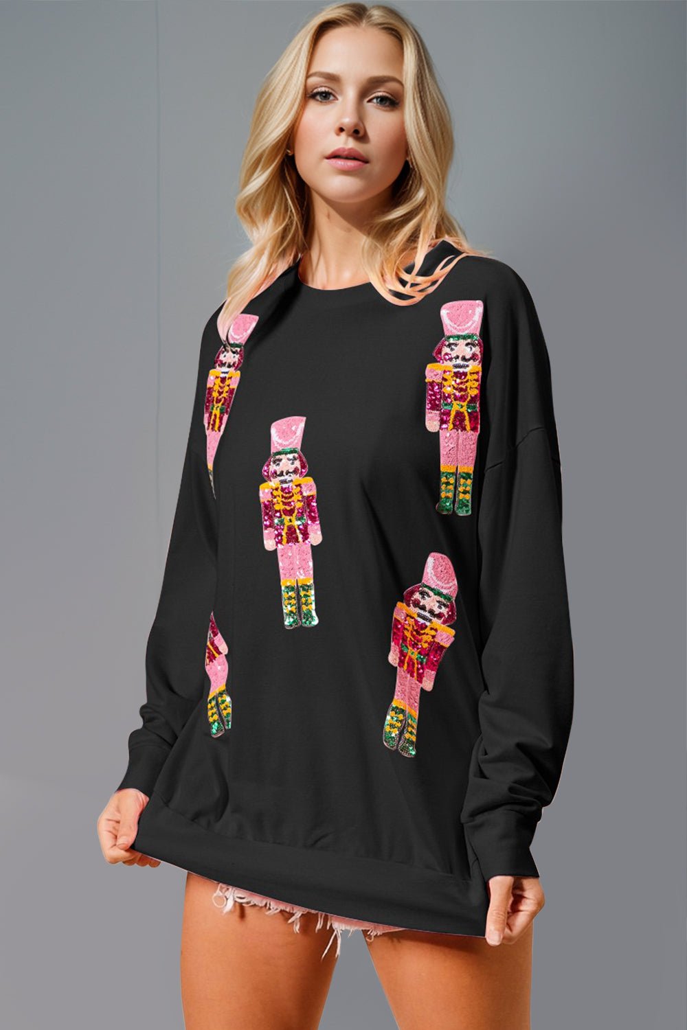 Double Take Sequin Nutcracker Round Neck Long Sleeve Sweatshirt - Bold Rose Boutique