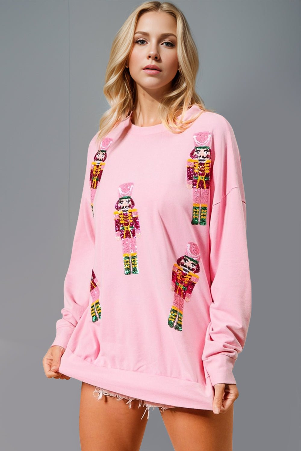 Double Take Sequin Nutcracker Round Neck Long Sleeve Sweatshirt - Bold Rose Boutique