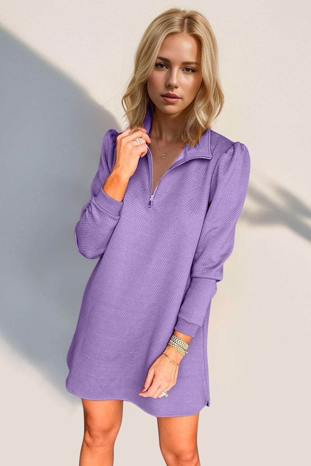 Double Take Textured Quarter Zip Long Sleeve Dress - Bold Rose Boutique