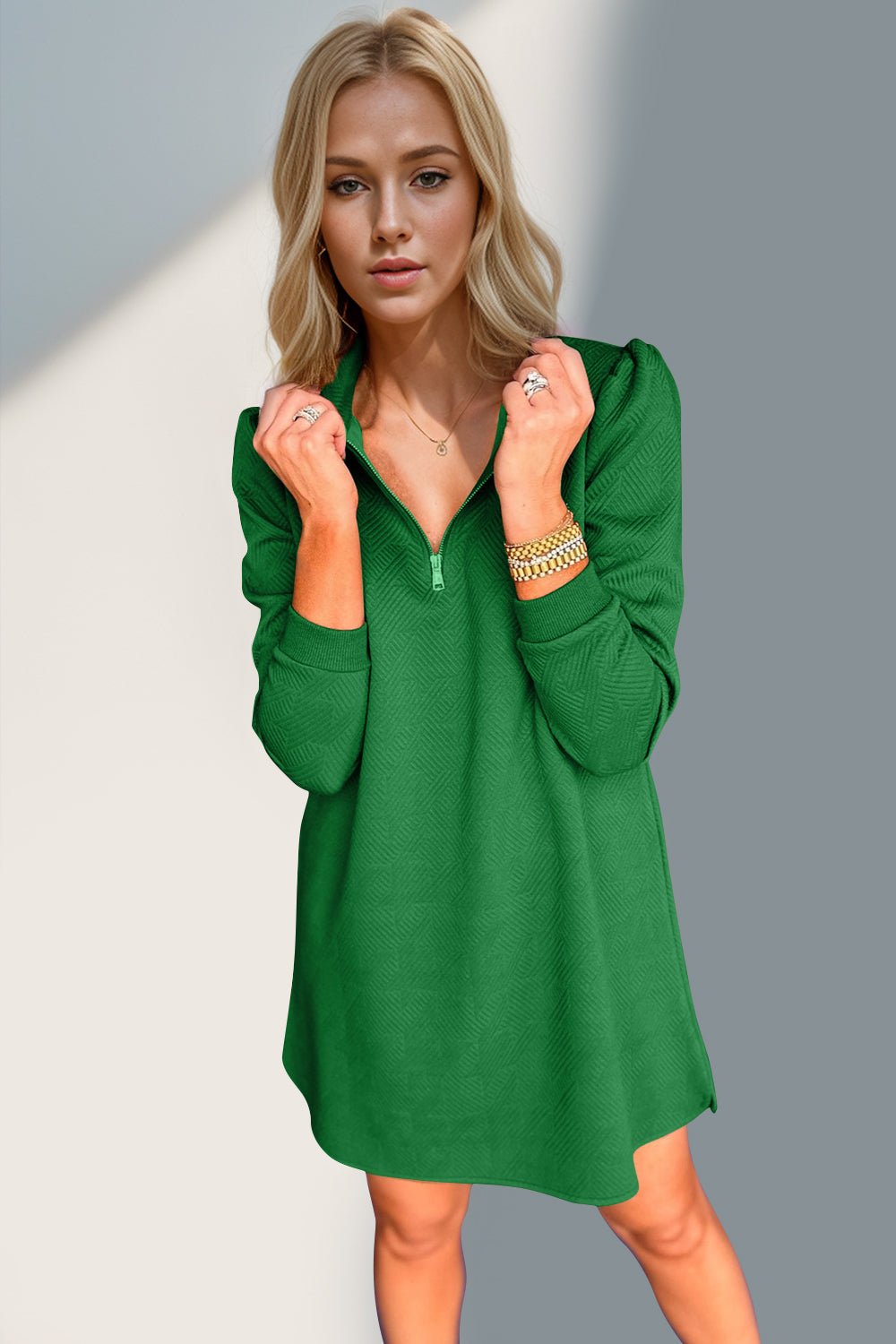 Double Take Textured Quarter Zip Long Sleeve Dress - Bold Rose Boutique