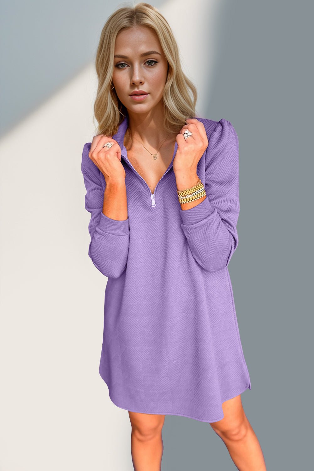 Double Take Textured Quarter Zip Long Sleeve Dress - Bold Rose Boutique