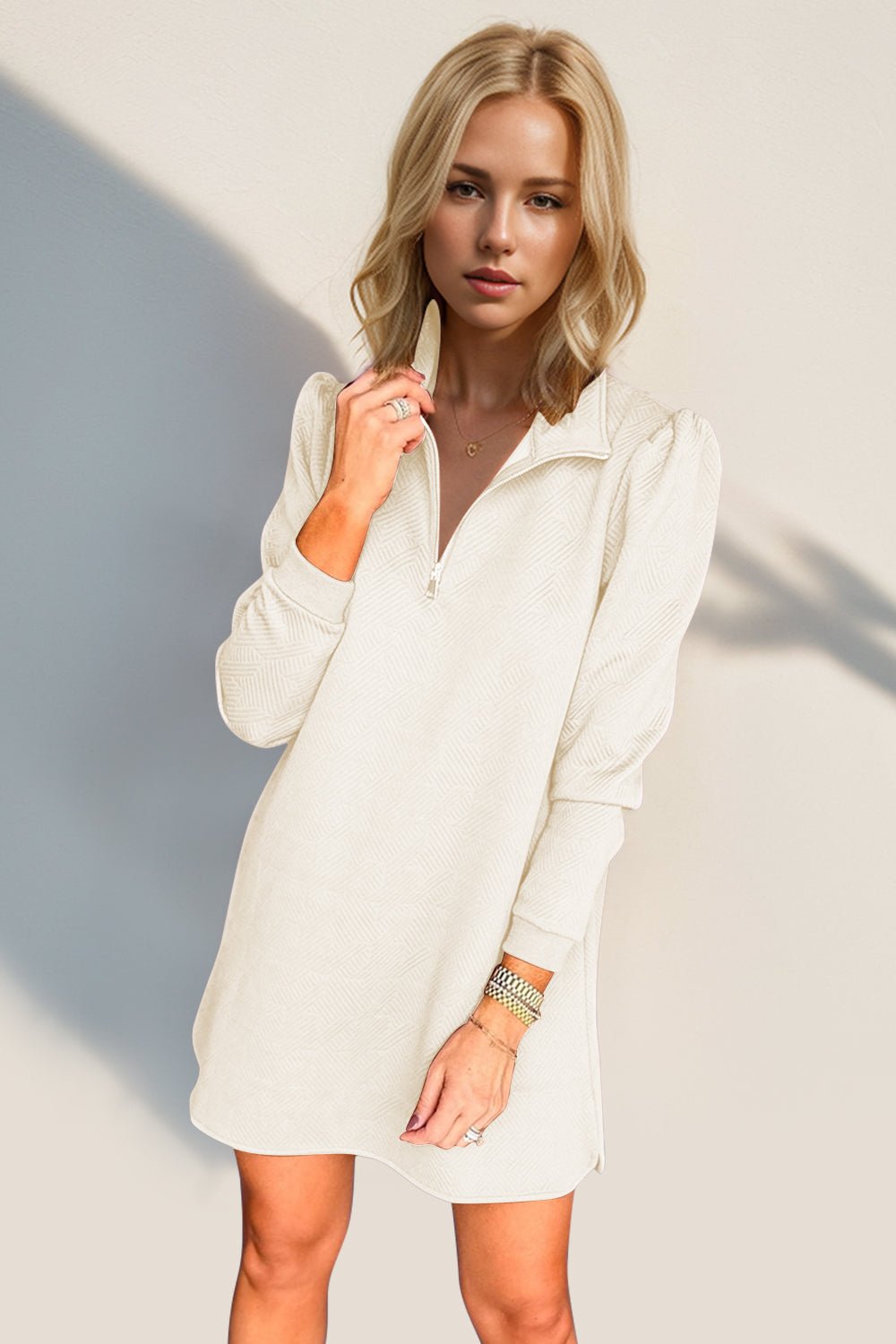 Double Take Textured Quarter Zip Long Sleeve Dress - Bold Rose Boutique