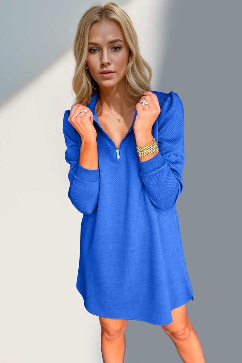 Double Take Textured Quarter Zip Long Sleeve Dress - Bold Rose Boutique