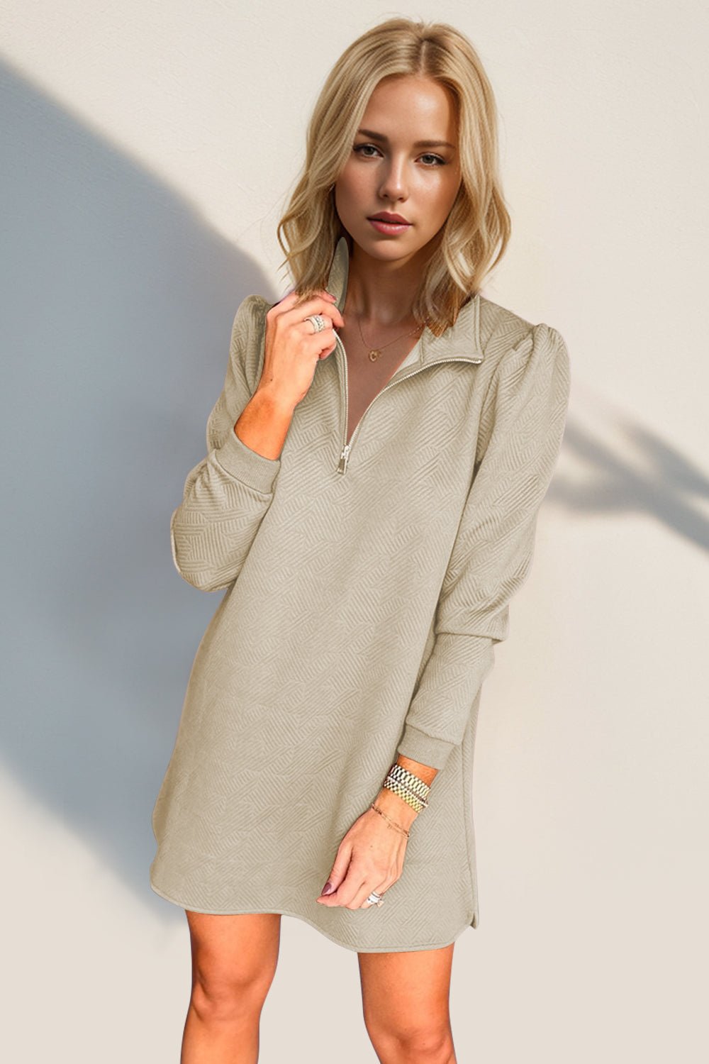 Double Take Textured Quarter Zip Long Sleeve Dress - Bold Rose Boutique