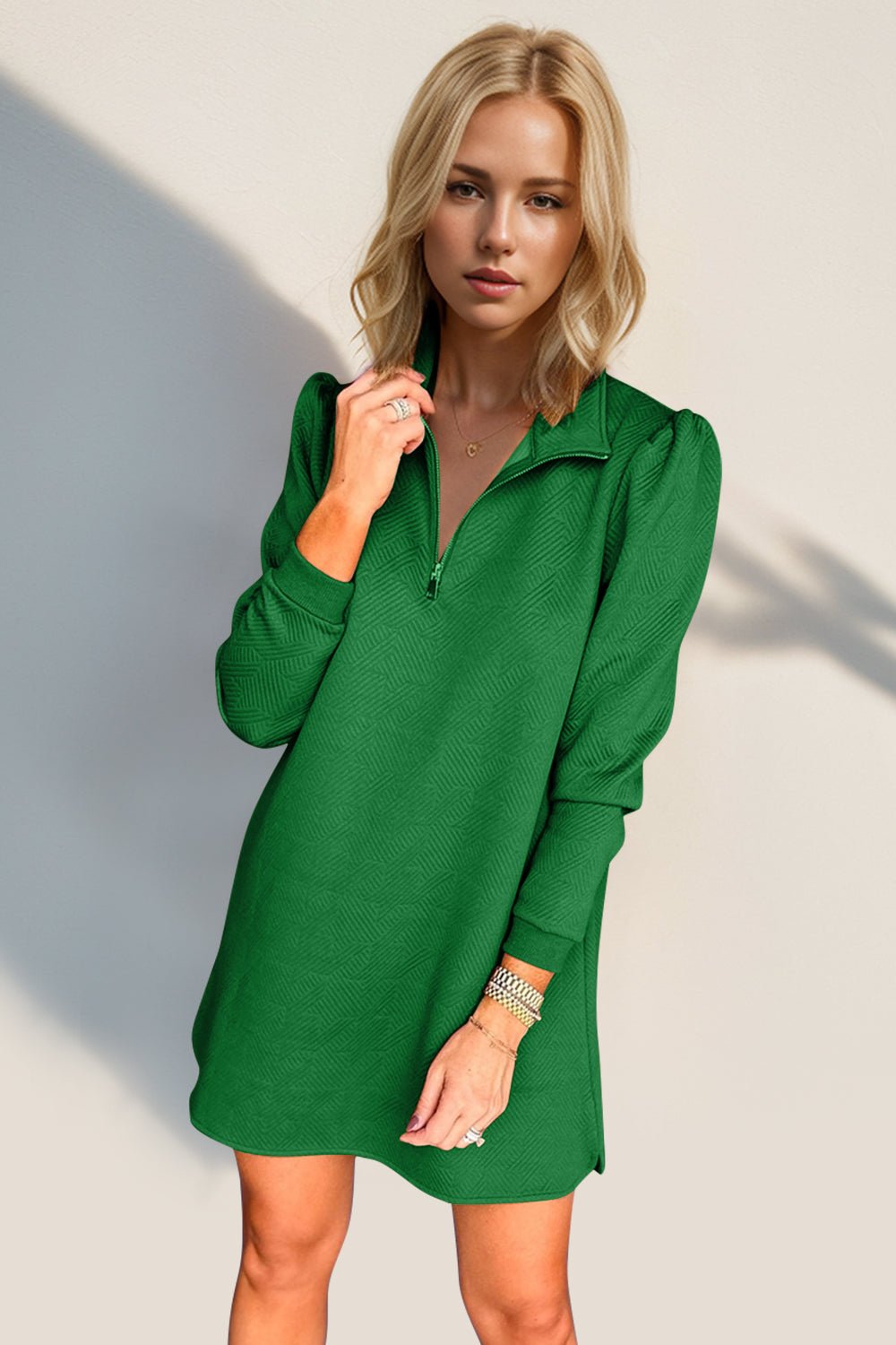 Double Take Textured Quarter Zip Long Sleeve Dress - Bold Rose Boutique