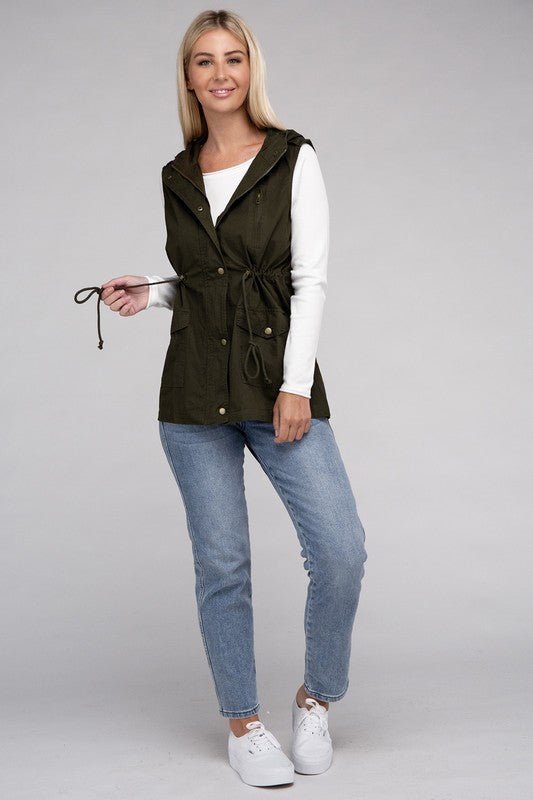 Drawstring Waist Military Hoodie Vest - Bold Rose Boutique