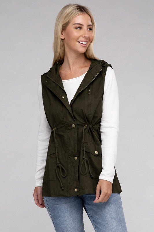 Drawstring Waist Military Hoodie Vest - Bold Rose Boutique