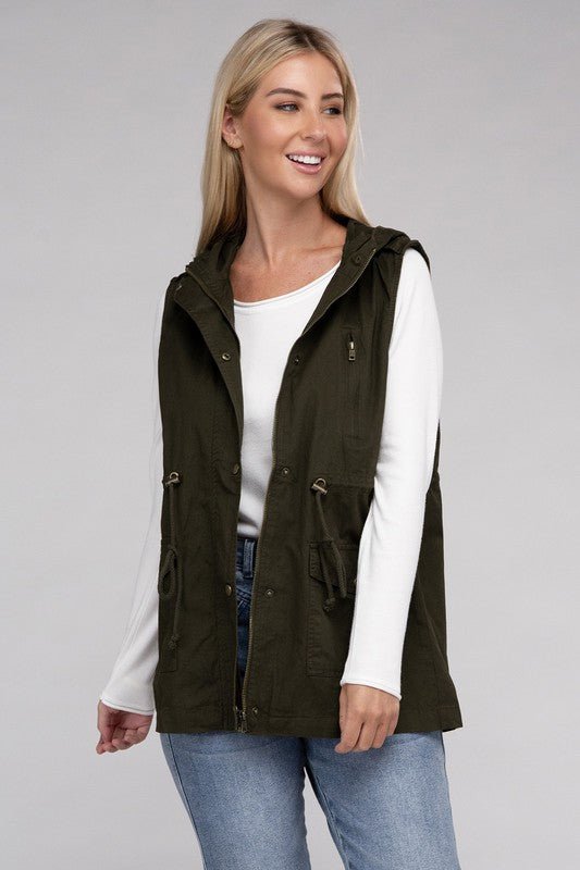 Drawstring Waist Military Hoodie Vest - Bold Rose Boutique